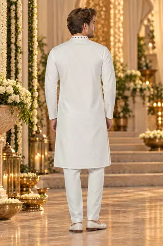 White Silk Blend Embroidered Work Straight Kurta