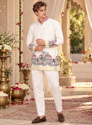 White Silk Blend Woven Work Straight Kurta 1
