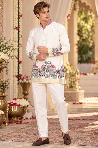 White Silk Blend Woven Work Straight Kurta