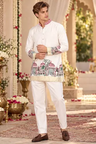 White Silk Blend Woven Work Straight Kurta