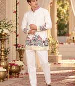 White Silk Blend Woven Work Straight Kurta