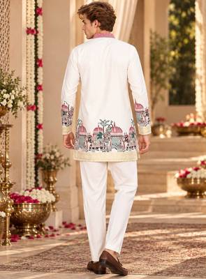 White Silk Blend Woven Work Straight Kurta 2