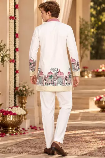 White Silk Blend Woven Work Straight Kurta