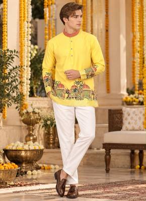 Yellow Silk Blend Woven Work Straight Kurta 1