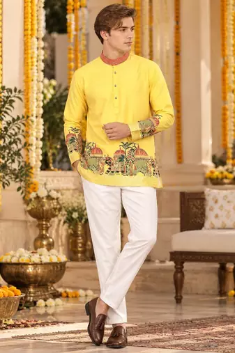 Yellow Silk Blend Woven Work Straight Kurta