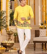 Yellow Silk Blend Woven Work Straight Kurta