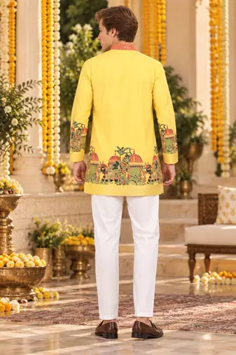Yellow Silk Blend Woven Work Straight Kurta