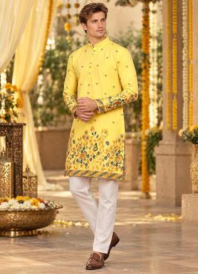 Yellow Cotton Silk Woven Work Straight Kurta 1