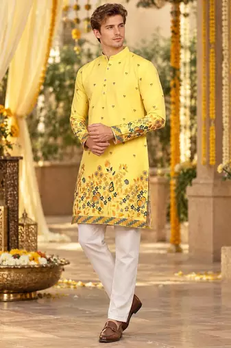 Yellow Cotton Silk Woven Work Straight Kurta