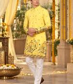 Yellow Cotton Silk Woven Work Straight Kurta