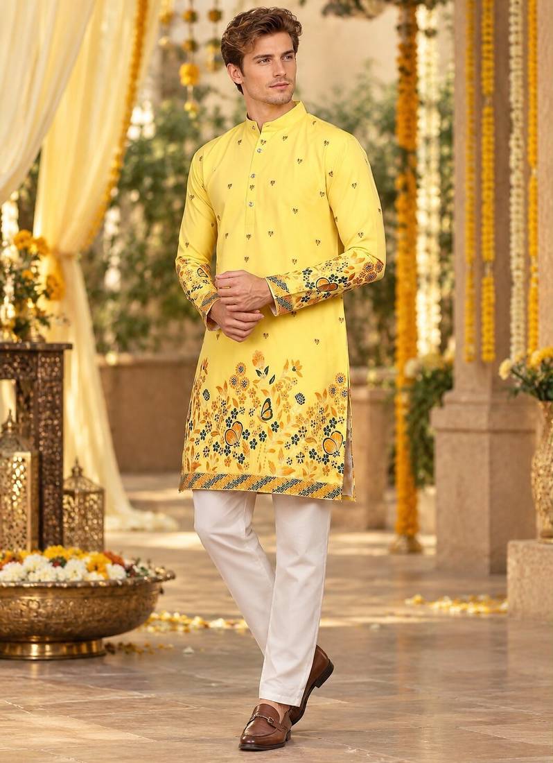 Yellow Cotton Silk Woven Work Straight Kurta