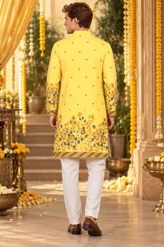 Yellow Cotton Silk Woven Work Straight Kurta