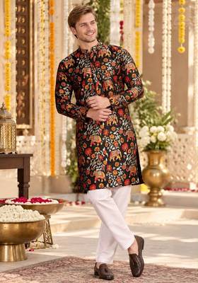 Black Silk Blend Woven Work Straight Kurta 1
