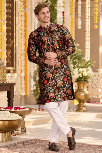 Black Silk Blend Woven Work Straight Kurta