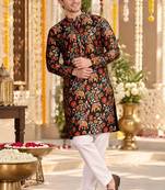 Black Silk Blend Woven Work Straight Kurta