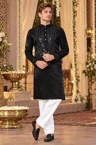 Black Viscose Woven Work Straight Kurta