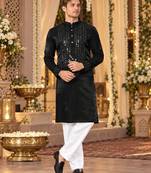 Black Viscose Woven Work Straight Kurta