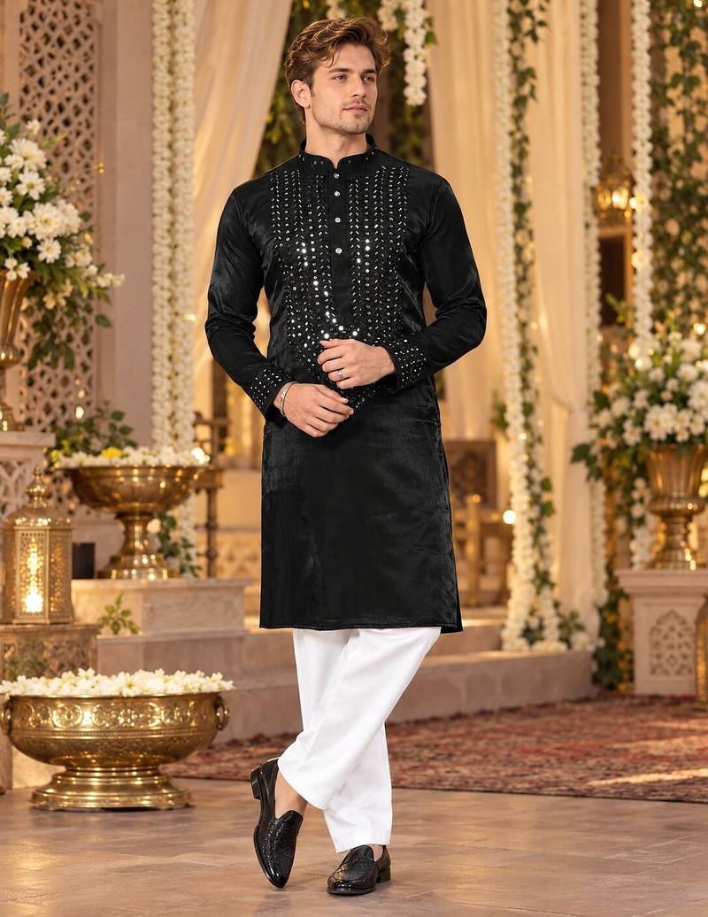 Black Viscose Woven Work Straight Kurta