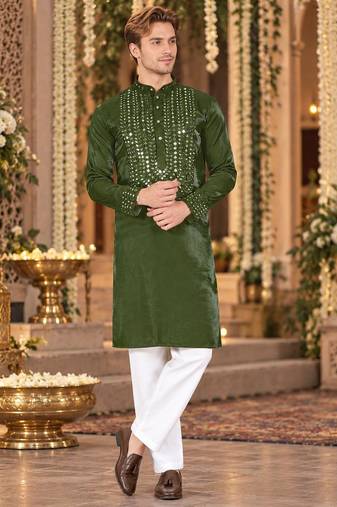 Green Viscose Woven Work Straight Kurta