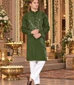 Green Viscose Woven Work Straight Kurta