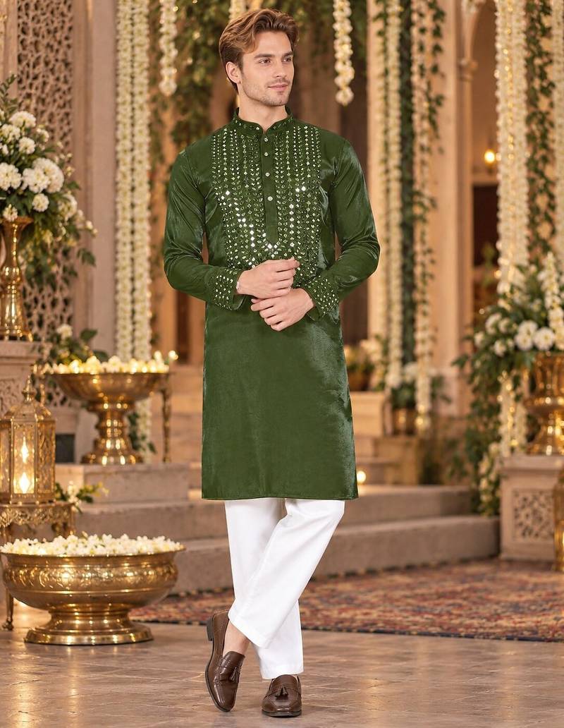 Green Viscose Woven Work Straight Kurta