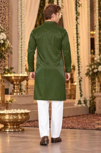 Green Viscose Woven Work Straight Kurta