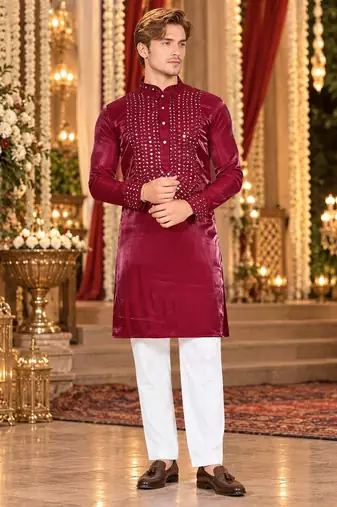 Maroon Viscose Woven Work Straight Kurta