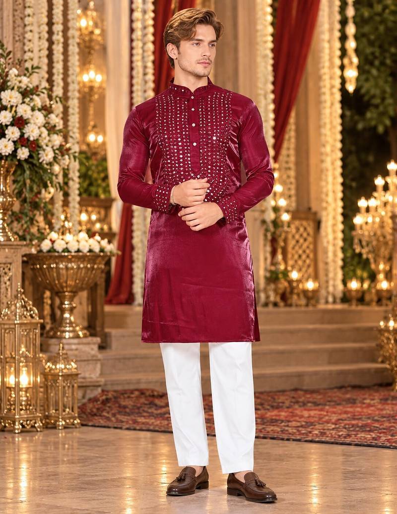 Maroon Viscose Woven Work Straight Kurta