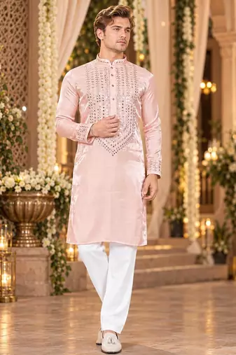 Pink Viscose Woven Work Straight Kurta