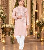 Pink Viscose Woven Work Straight Kurta