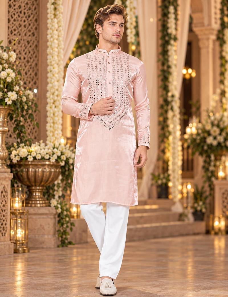 Pink Viscose Woven Work Straight Kurta