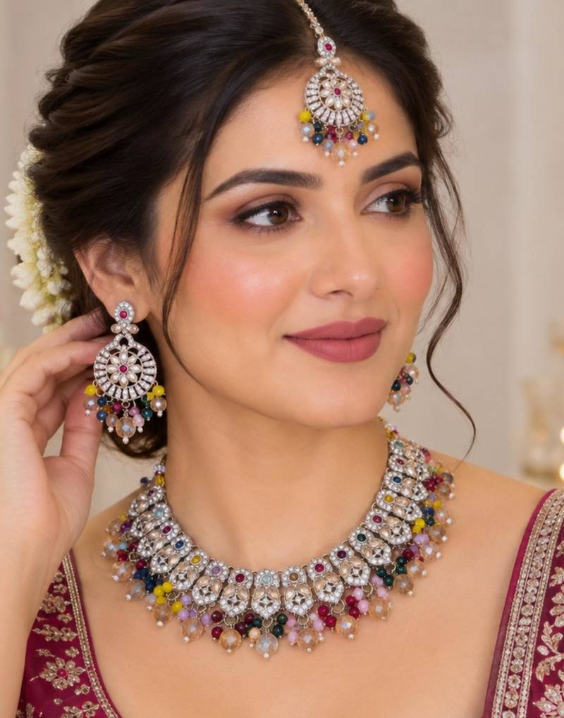 Multi mehandi-plated agate stone necklace set with earrings & maang tikka