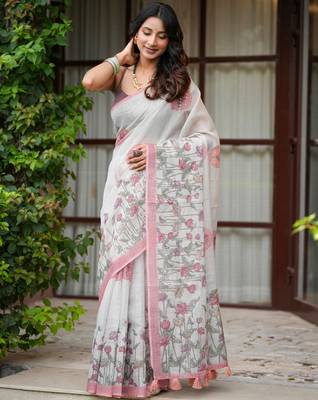 neera pure linen with hand printed lotuses, kutdana handwork and hand embroidery 1