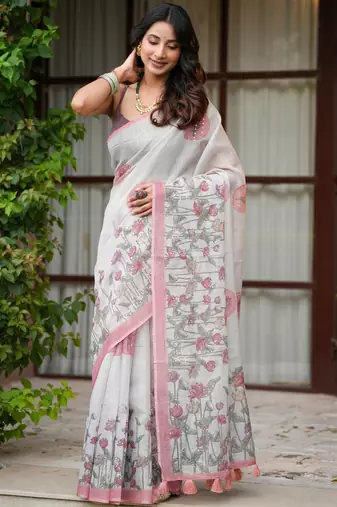 neera pure linen with hand printed lotuses, kutdana handwork and hand embroidery