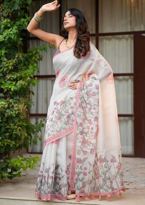 neera pure linen with hand printed lotuses, kutdana handwork and hand embroidery 2