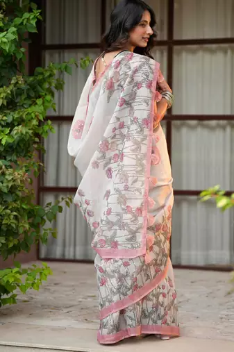 neera pure linen with hand printed lotuses, kutdana handwork and hand embroidery