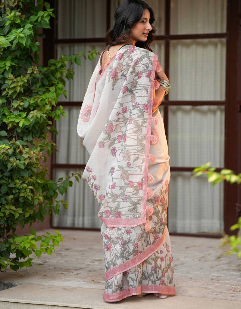 neera pure linen with hand printed lotuses, kutdana handwork and hand embroidery