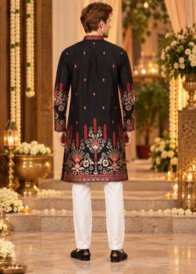 Black Cotton Woven Work Straight Kurta 2