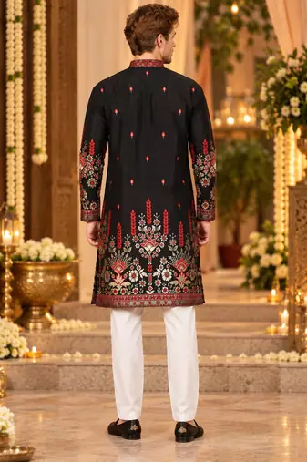 Black Cotton Woven Work Straight Kurta
