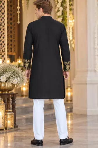 Black Silk Blend Woven Work Straight Kurta