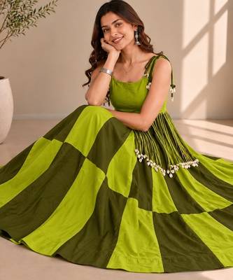 Parrot Green Cowrie Kodi Work Roman Silk Traditional Chaniya Choli 1