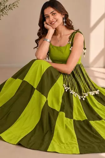 Parrot Green Cowrie Kodi Work Roman Silk Traditional Chaniya Choli