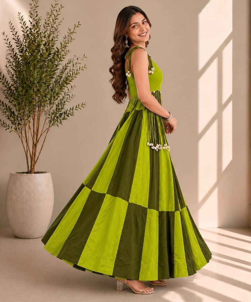 Parrot Green Cowrie Kodi Work Roman Silk Traditional Chaniya Choli