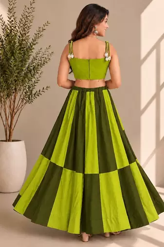 Parrot Green Cowrie Kodi Work Roman Silk Traditional Chaniya Choli
