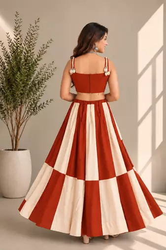 Rust Orange Off White Cowrie Kodi Work Roman Silk Traditional Chaniya Choli
