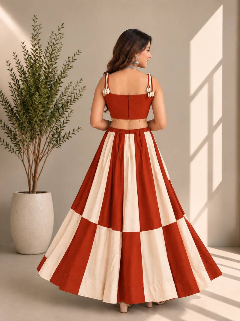 Rust Orange Off White Cowrie Kodi Work Roman Silk Traditional Chaniya Choli