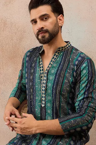 Men's blue viscose rayon printed bandhani kurta with trousers     trendy festive & wedding wear
