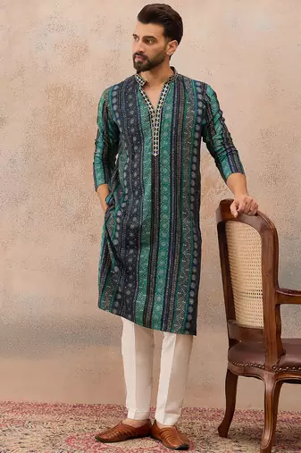 Men's blue viscose rayon printed bandhani kurta with trousers     trendy festive & wedding wear