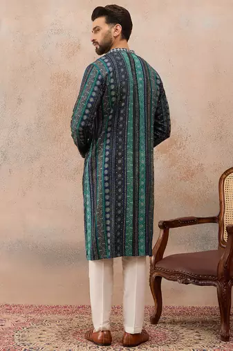 Men's blue viscose rayon printed bandhani kurta with trousers     trendy festive & wedding wear