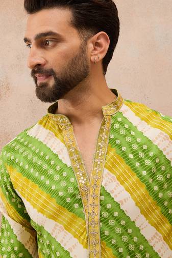 Men's multi viscose rayon printed leheriya kurta with trousers trendy festive & wedding wear